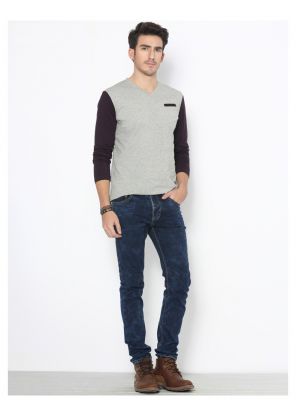 Long sleeve t shirt for men with colored sleeves and pocket lining