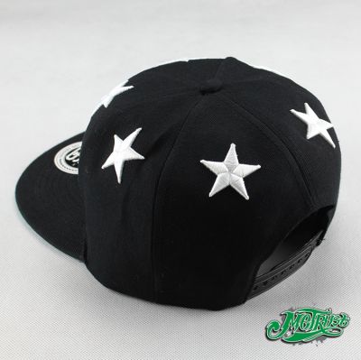 6 White Star Design Snapback Baseball Cap - Black