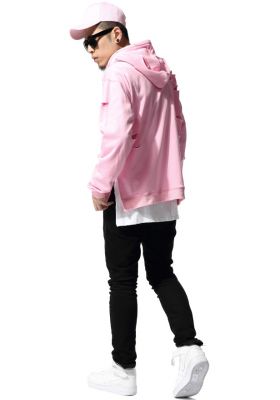 Pink Hoodie for Men with Ripped Holes and White Square Hooded Sweatshirt