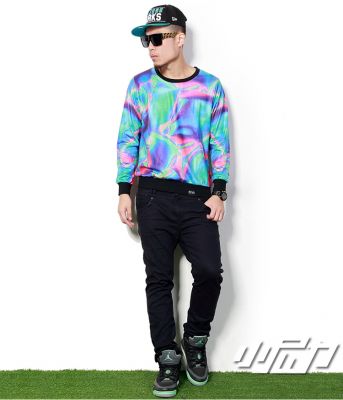 Psychadelic Liquid Pink and Blue Dyed Crewneck Sweater for Men