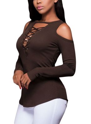 Long sleeves top for women with nude shoulders and lace-up front collar
