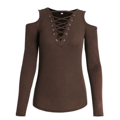 Long sleeves top for women with nude shoulders and lace-up front collar