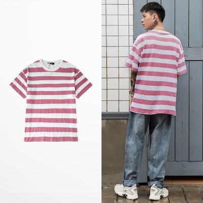 T-shirt with faded pink and white stripes for men or women unisex
