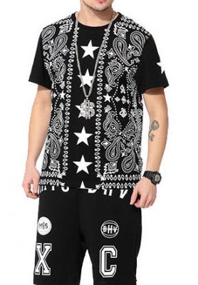 Bandana Print Paisley Stars Columns Streetwear T shirt for Men