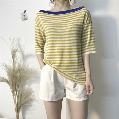 Off the shoulder mid-sleeves t-shirt with stripes for women