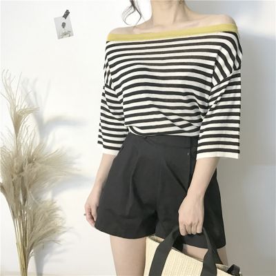 Off the shoulder mid-sleeves t-shirt with stripes for women