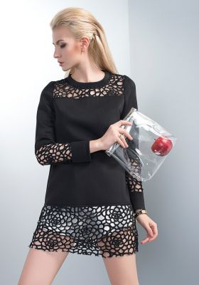 Women's Transparent Collar and Sleeves T-shirt with Perforations Design