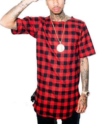 Long Oversize t-shirt for men with plaid checkers print and side zip