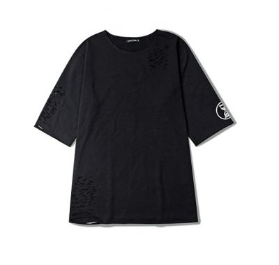 Black Plain t-shirt for men with Hourglass print and destroyed effect