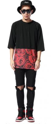 Oversize T Shirt Swag Roses Flower Print on Lower Half