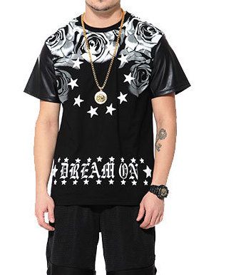 Roses Circle Stars Print T shirt for Men with Leather Sleeves