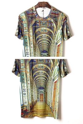 Stretch Slim Fit T shirt for Men with Golden Arches Cathedral Print