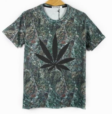 Stretch T-shirt with Ganja Leaf and Weed Close Up Background - Slim fit