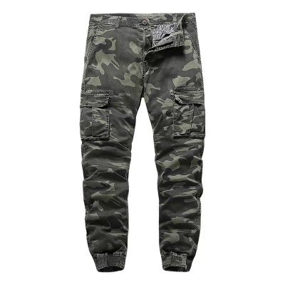 Tapered camouflage cargo trousers with elasticated cuffs for men