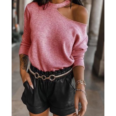 Thick cotton t-shirt with long sleeves off shoulder for women