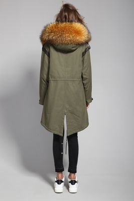 Trench coat woman fur hood with leather details