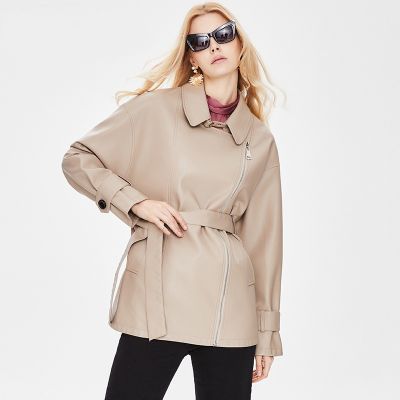 Belted faux leather trench jacket for women
