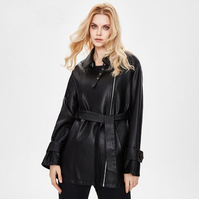Belted faux leather trench jacket for women