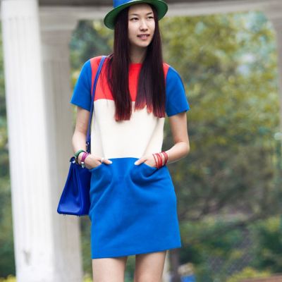 Tricolor Color Conflict Fashion Dress for Women Blue Pink White