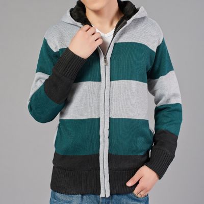 Fur lined winter wool hoodie for men with wide stripes