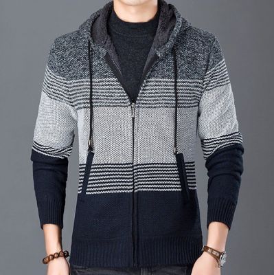 Winter Fur lined wool hoodie for men with stripe variations