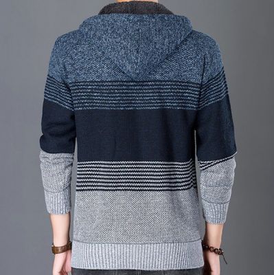 Winter Fur lined wool hoodie for men with stripe variations