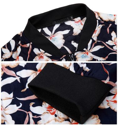 Flower Print Zip Up Sweater for Men - Black