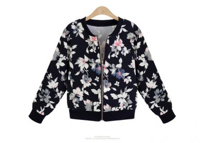 Flower Print Zip up Jumper for Women with Black and White Flowers