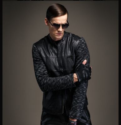Men's Leather Bomber Jacket with Long Woolen Sleeves
