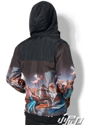Men's Hooded Windsheeter Jacket Classic Art Renaissance Print - Black