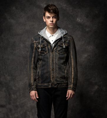 Denim Army Jacket for Men with Cotton Hood and Inside Fur
