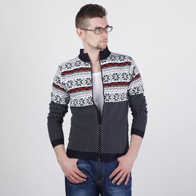 Zip up Men’s Sweater with Retro Winter Print Snowflakes Stripes