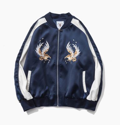 Navy blue satin sports jacket for men with eagles embroidery