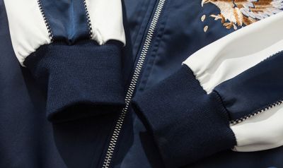 Navy blue satin sports jacket for men with eagles embroidery