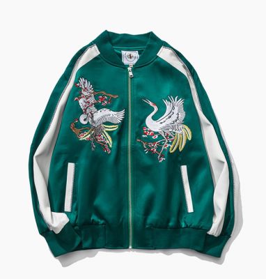 Green satin sports jacket for men with crane embroidery