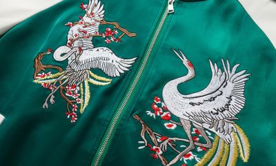 Green satin sports jacket for men with crane embroidery