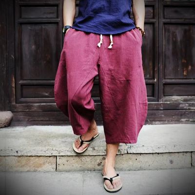 Vintage asian drawstring cotton linen loose shorts