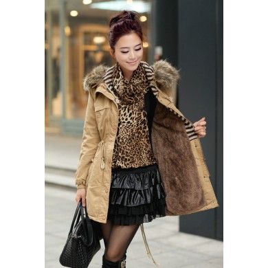 Women's Winter Coat with Fur Lined Hood and Knitted Wool Pockets