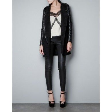 Bimaterial Leather Wool Jacket for Women with PU Leather Sleeves