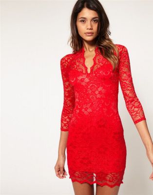 Fashion Lace Dress for Women with V neck collar and transparent shoulders
