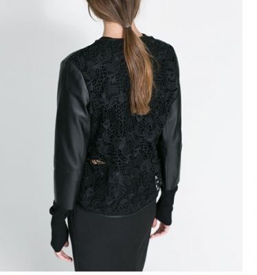 Fashion Jacket with leather sleeves and lace back Large Lapel Collar