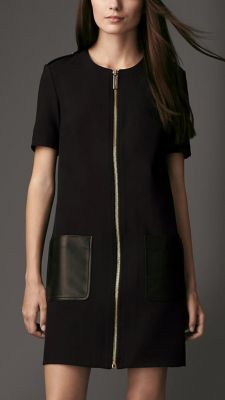 Faux leather Bimaterial classic dress with front pockets