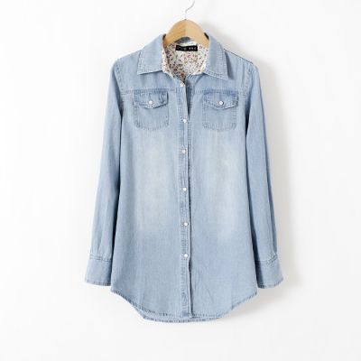 Denim Shirt for Women Chambray Jeans Blouse with Double Breast Pocket