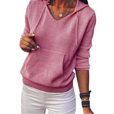 Women's plain knit hooded sweater with kangaroo pocket
