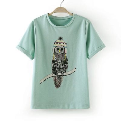 Women's T shirt with Owl Embroidery Design on Front