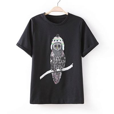 Women's T shirt with Owl Embroidery Design on Front