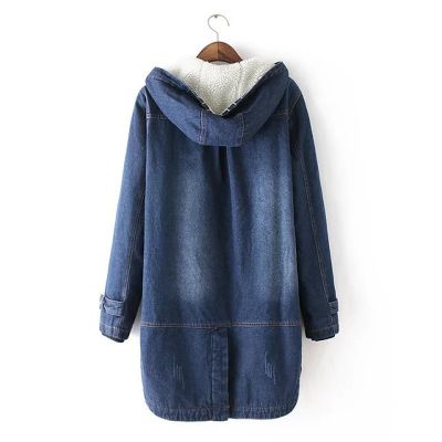 Women's long denim coat with polar fleece