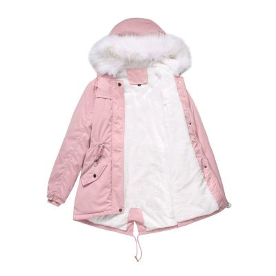 Women's mid length parka coat with faux fur trim hood and inside lining