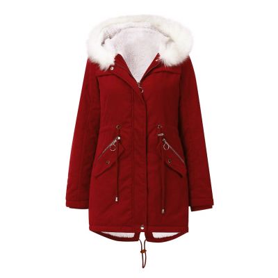 Women's mid length parka coat with faux fur trim hood and inside lining