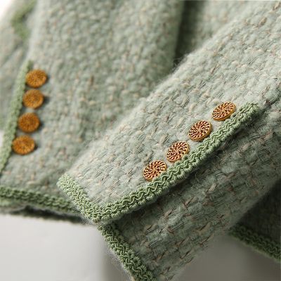 Women's Avocado Green Short Wool Coat with Tweed Texture